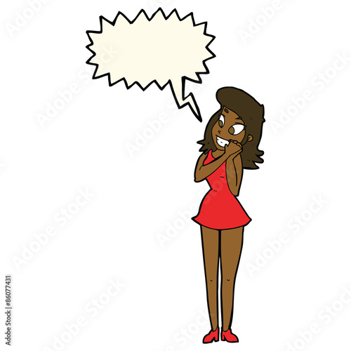 cartoon excited woman with speech bubble