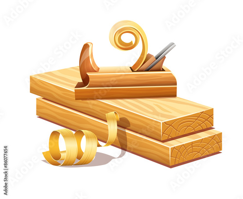 Rasped wooden boards by planer tool and filings sawdusts.