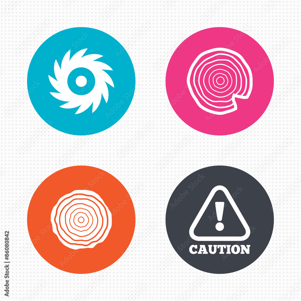 Wood and saw circular wheel icons. Attention. Wood and saw circular wheel icons. Attention.