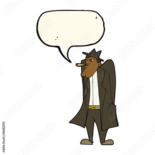 cartoon man in hat and trench coat with speech bubble