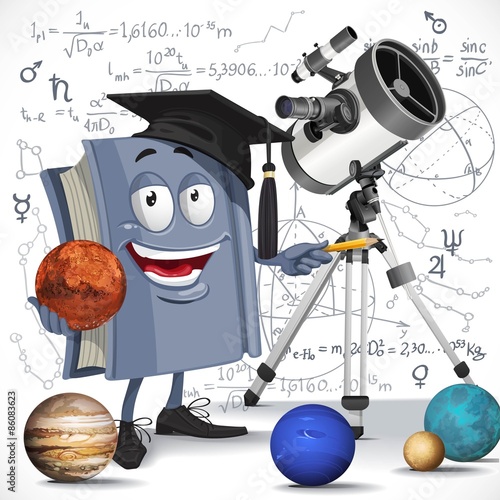 School astronomy textbook with telescope hold Mars on formula ba