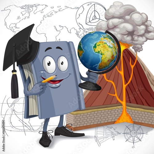 School geography textbook hold globe on diagram of volcano backg