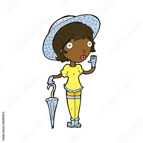 cartoon woman in summer hat waving