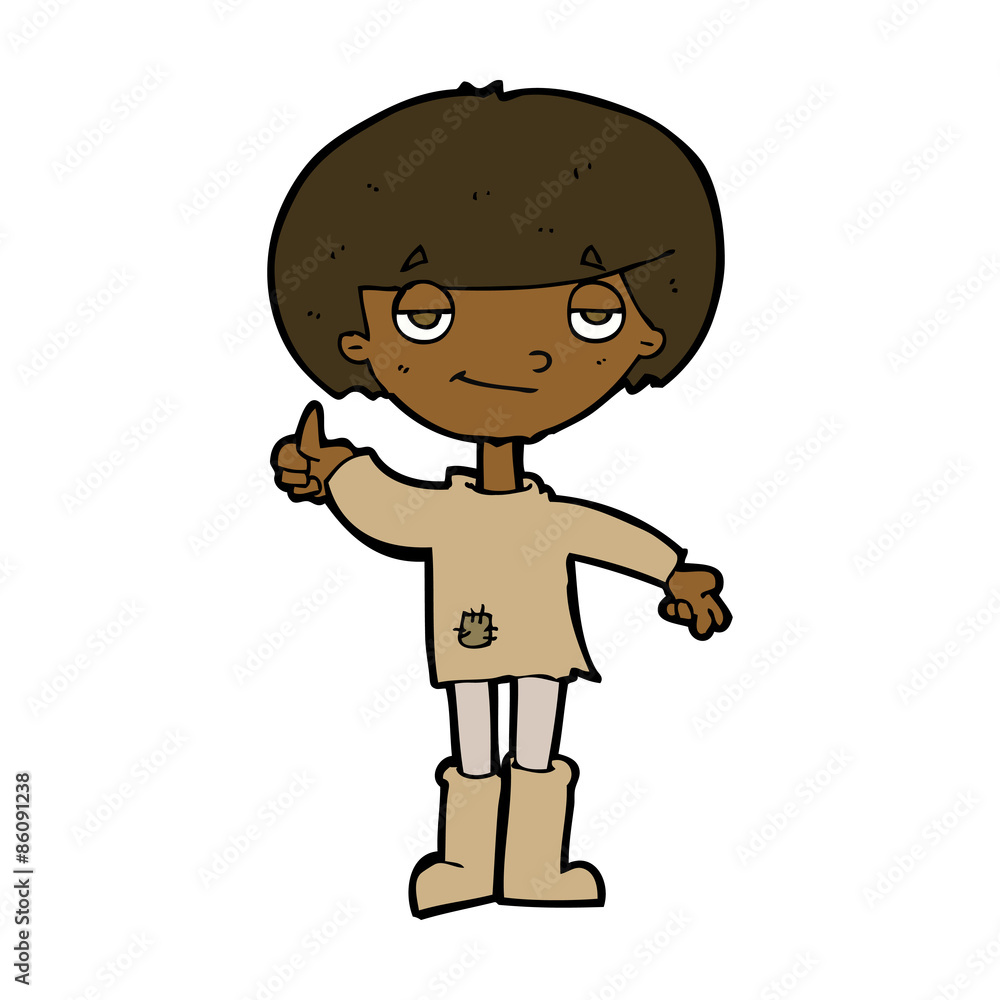cartoon boy in poor clothing giving thumbs up symbol cartoon boy in poor clothing giving thumbs up symbol