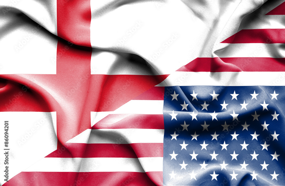 Fototapeta premium Waving flag of United States of America and England
