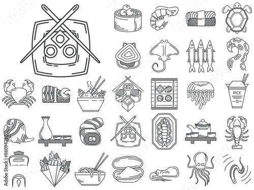 Line icons for japanese seafood menu