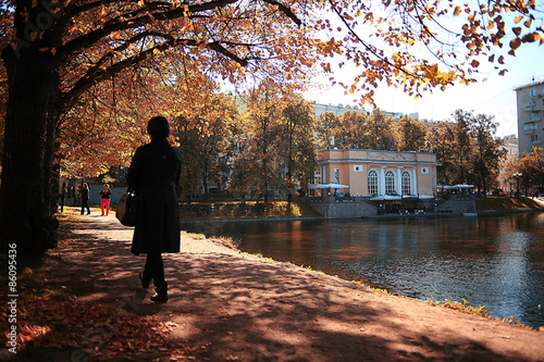 Photography autumn park landscape with trees with yellow foliage
