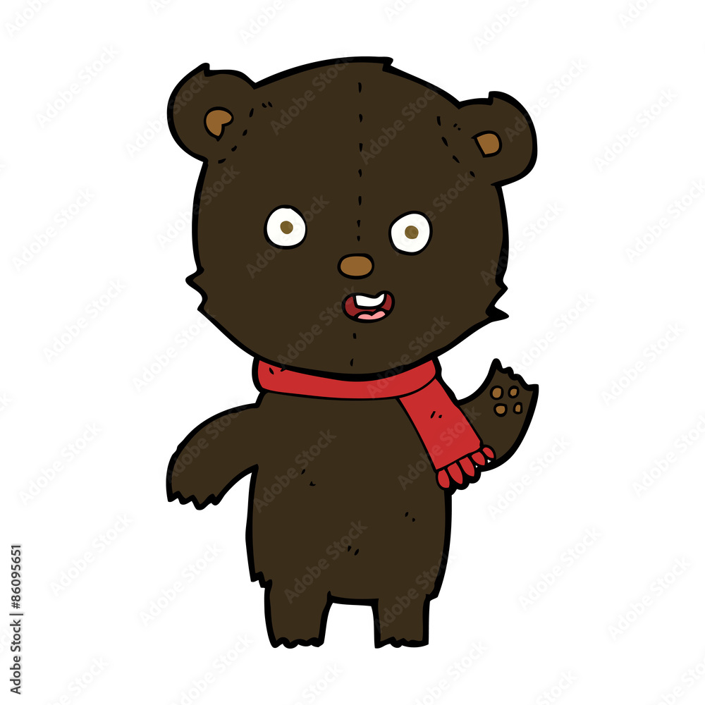 cartoon waving black bear cub with scarf cartoon waving black bear cub with scarf