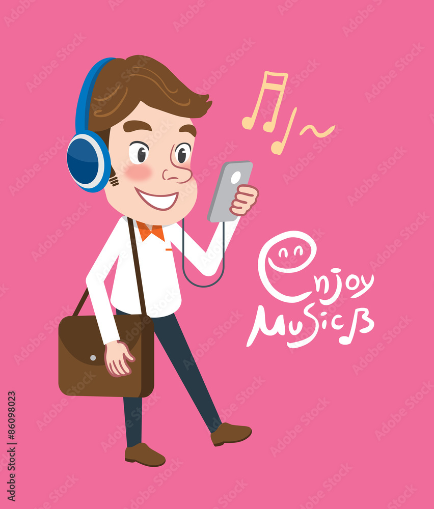 Drawing flat character design business man enjoy music concept,vector illustration Drawing flat character design business man enjoy music concept,vector illustration