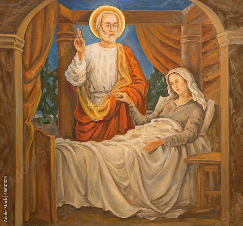 Tel Aviv - modern paint of scene Saint Peter raised Tabitha 