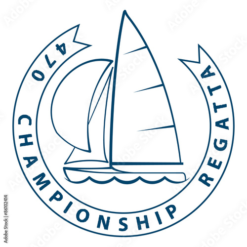 Sailing dinghy of 470 class racing yachts. Label for a championship regatta. Vector illustration can be used for stickers, prints or posters design. photo