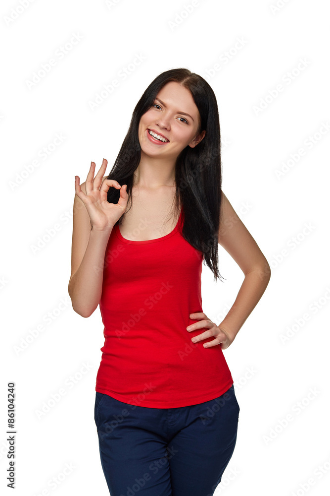 Portrait of female okay gesturing, isolated on white Portrait of female okay gesturing, isolated on white