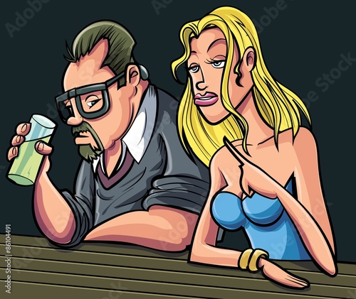 Cartoon man and woman sitting at a bar