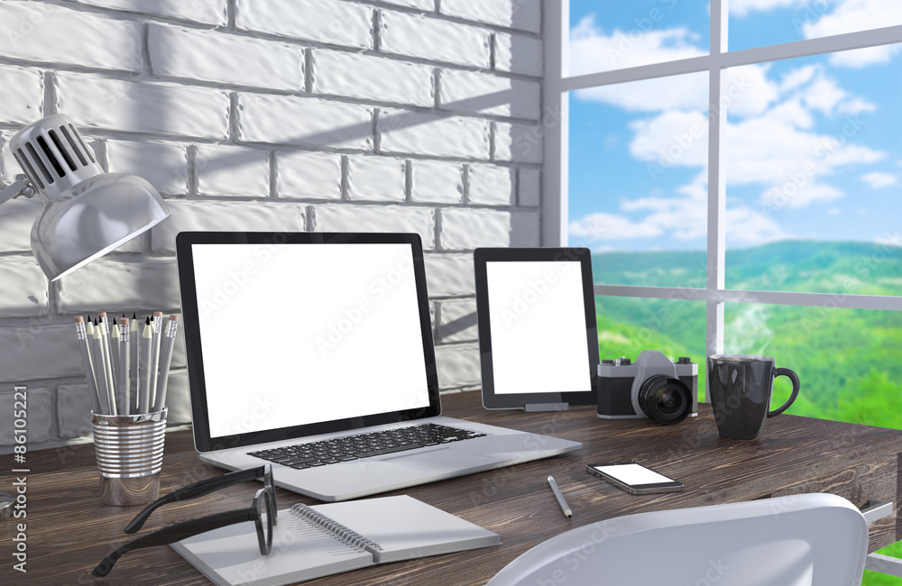 Fototapeta premium 3D illustration laptopand work stuff on table near brick wall
