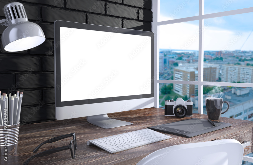 Fototapeta premium 3D illustration PC screen on table in office, Workspace