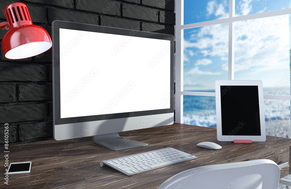 Fototapeta premium 3D illustration PC screen on table in office, Workspace