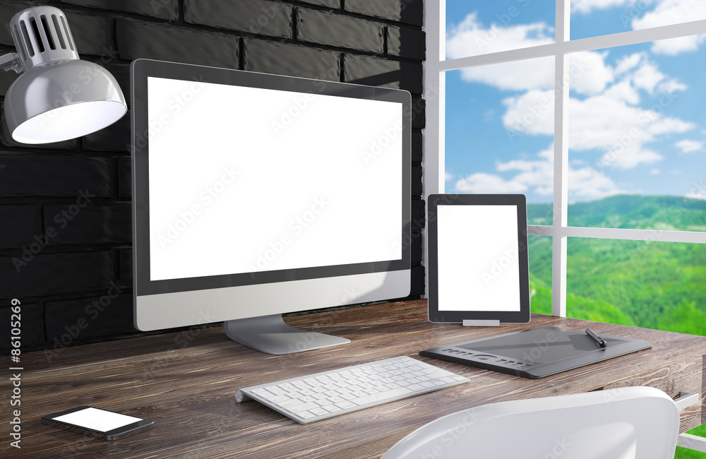 Fototapeta premium 3D illustration PC screen on table in office, Workspace