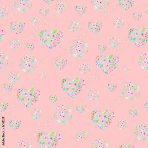 Seamless pattern of hearts and circles formed from the watercolor floral elements on a pink background