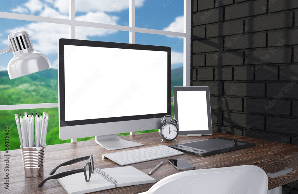 Fototapeta premium 3D illustration PC screen on table in office, Workspace