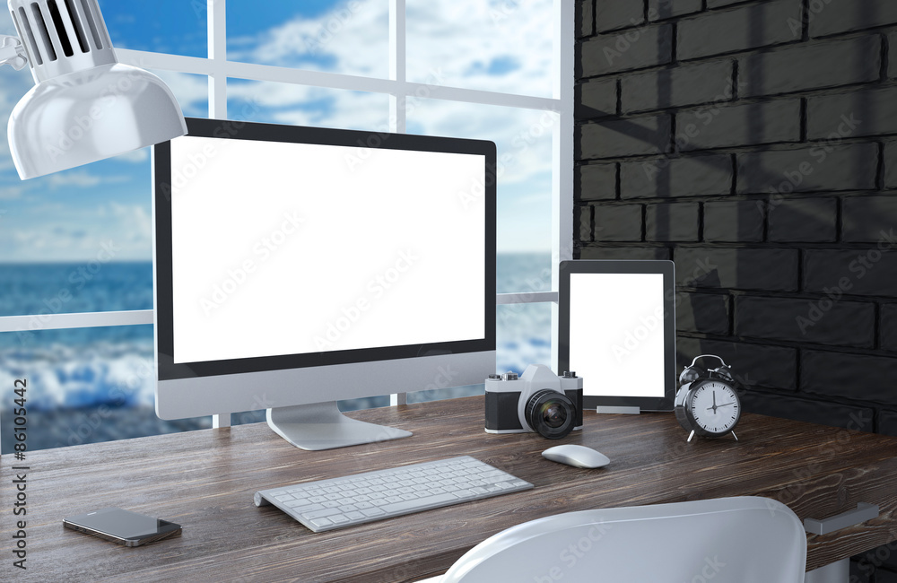 Fototapeta premium 3D illustration PC screen on table in office, Workspace