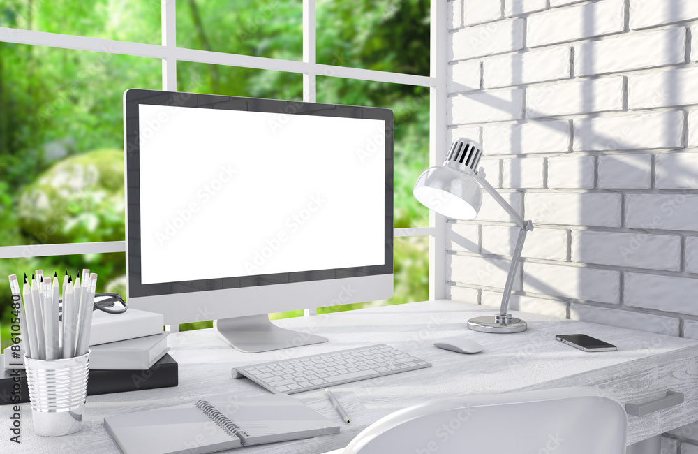3D illustration PC screen on table in office, Workspace 3D illustration PC screen on table in office, Workspace