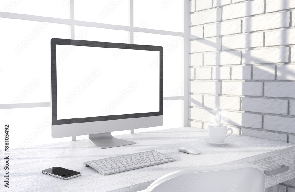 3D illustration PC screen on table in office, Workspace 3D illustration PC screen on table in office, Workspace