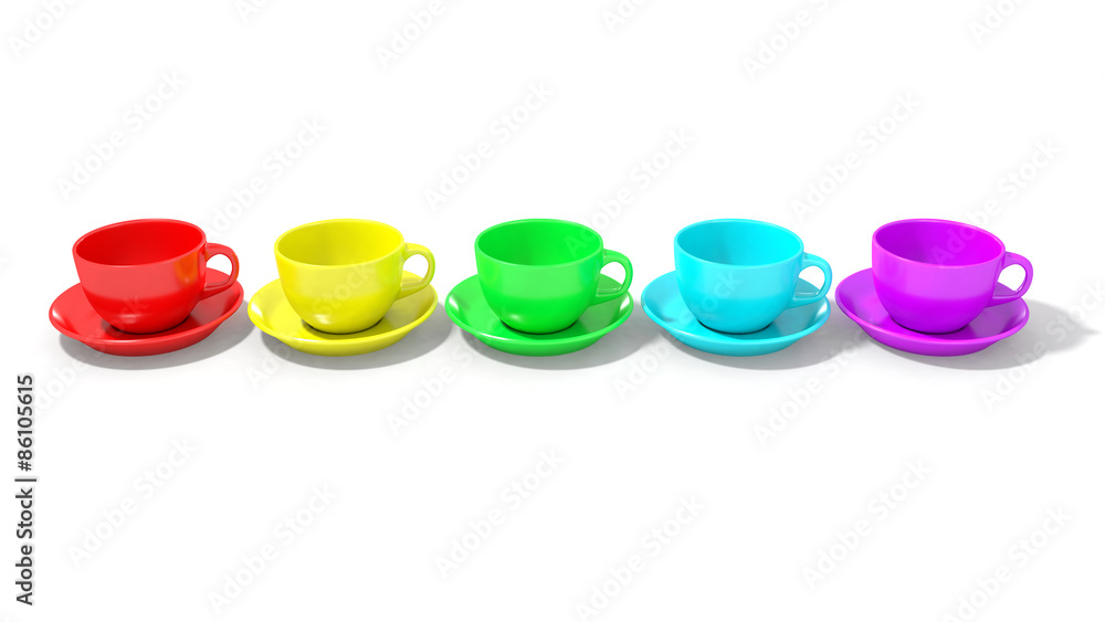 Five empty coffee cups horizontally aligned with rainbow colours Five empty coffee cups horizontally aligned with rainbow colours