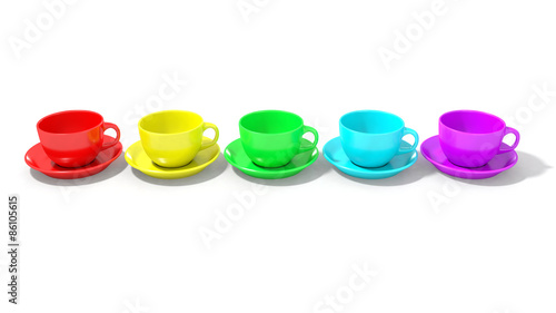 Five empty coffee cups horizontally aligned with rainbow colours