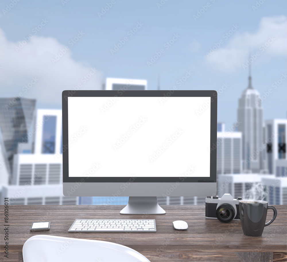 Fototapeta premium 3D illustration PC screen on table in office, Workspace