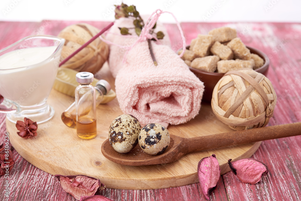 Composition of spa treatment on wooden background Composition of spa treatment on wooden background