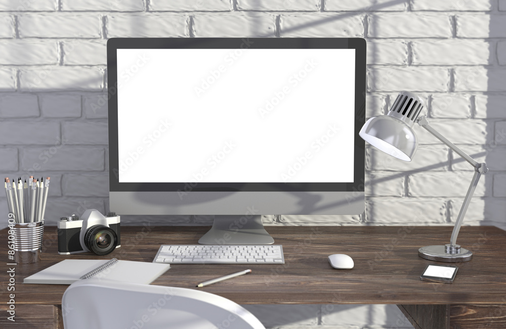 Fototapeta premium 3D illustration PC screen on table in office, Workspace