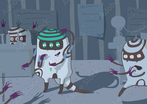 Curious monster having a dangerous experiment in the chemist lab. Vector horizontal illustration.