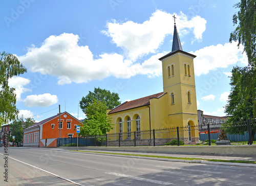 View of Mendeleyev Street and Salzburg Lutheran Lutheran church. photo