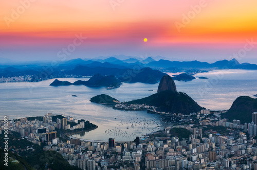 Sunset view of mountain Sugar Loaf and Botafogo in Rio de Janeiro. Brazil