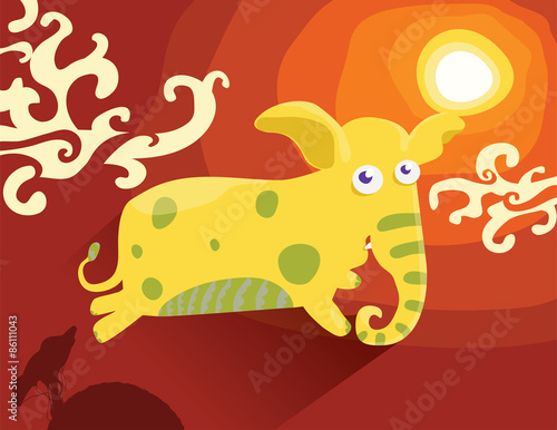 Vector illustration of a happy elephant jumping in the sky, colorful, cute, horizontal.