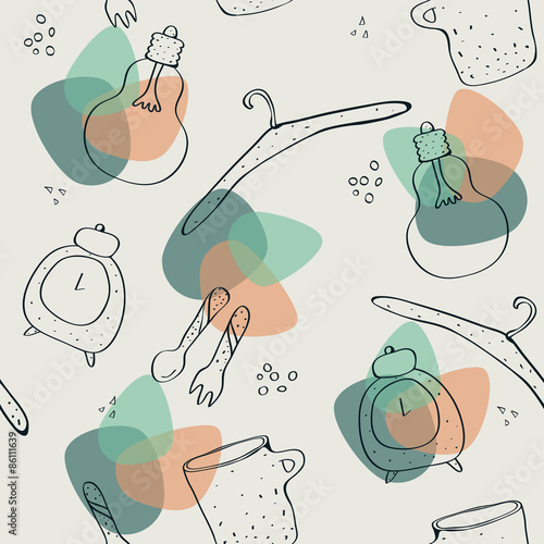 Vector illustration of household products seamless pattern.