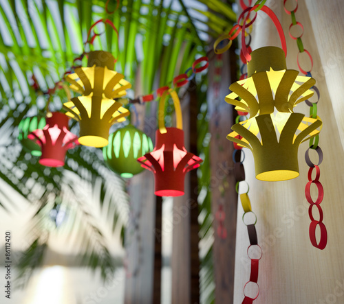 Decorations inside a Sukkah during the Jewish holiday celebration of Sukkoth photo