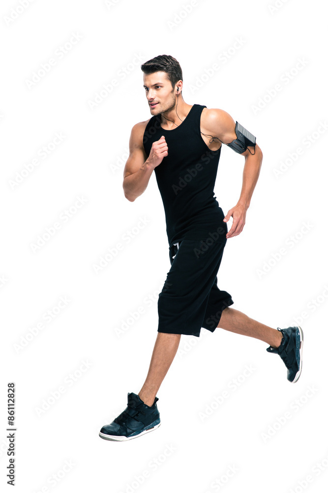 Handsome sports man running isolated