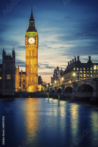 Famous Big Ben tower in London at sunset
