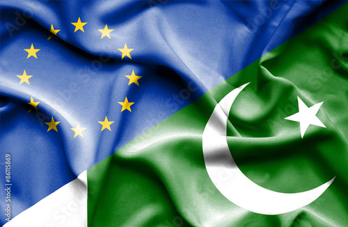 Waving flag of Pakistan and EU