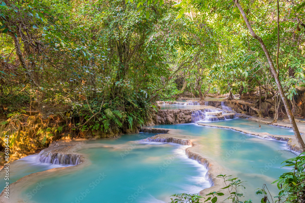 Waterfall in rain forest (Tat Kuang Si Waterfalls at Luang praba