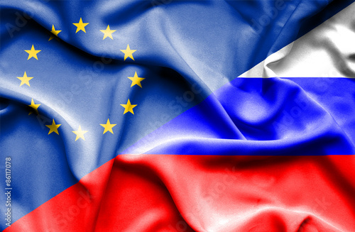 Waving flag of Russia and EU