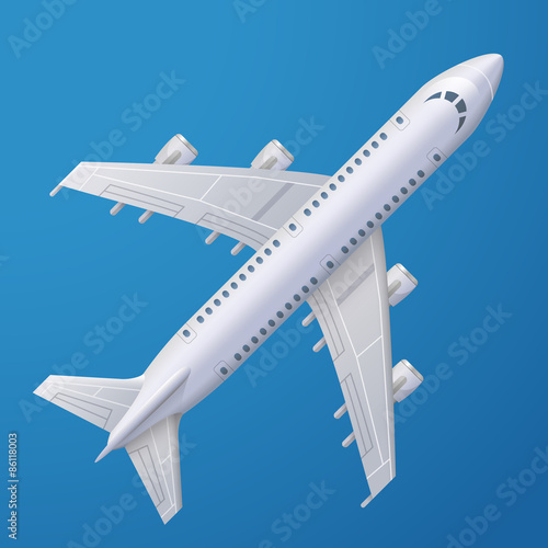 White plane against blue background. Passenger airliner top view