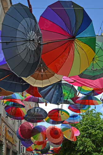 GUSEV  RUSSIA - JUNE 04  2015  Color umbrellas hang on the stree