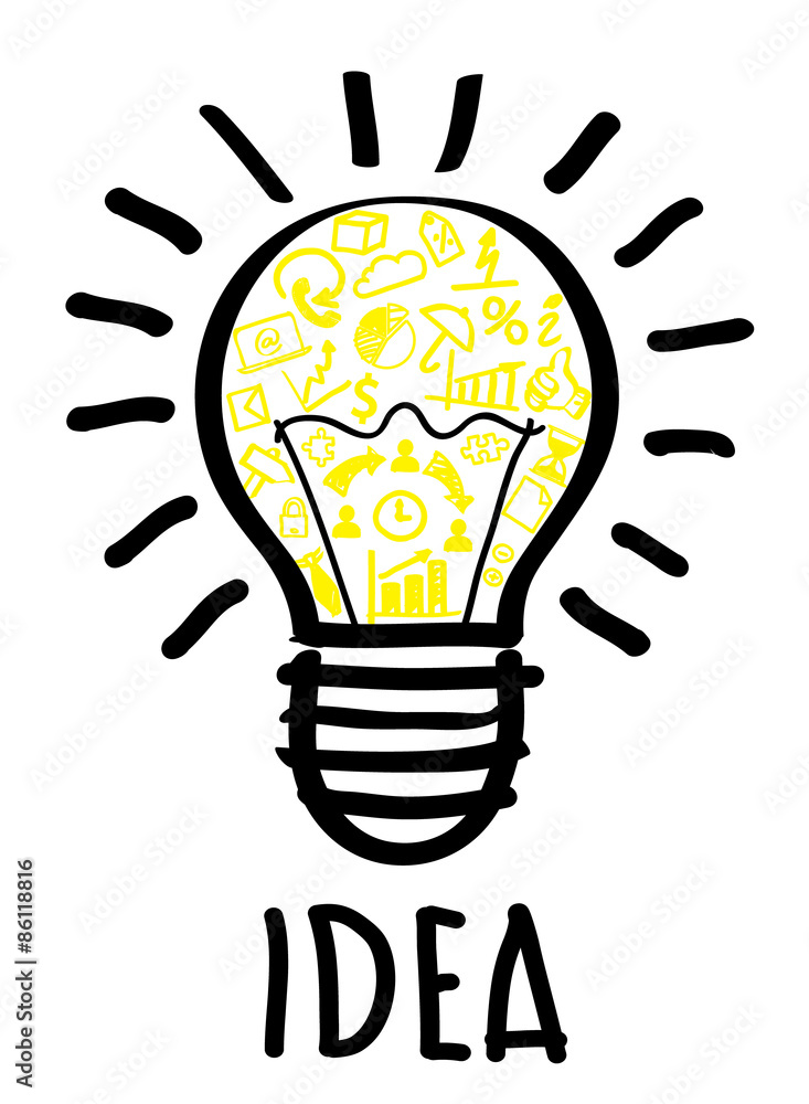 New idea concept. Black bulb drawing and yellow business icons inside it. Vector illustration. New idea concept. Black bulb drawing and yellow business icons inside it. Vector illustration.