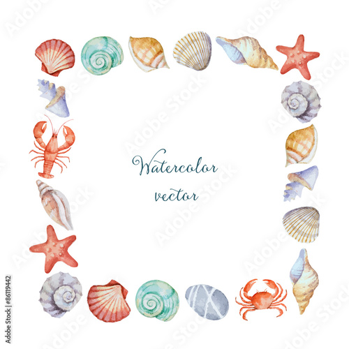 Photo Watercolor square frame of sea shells