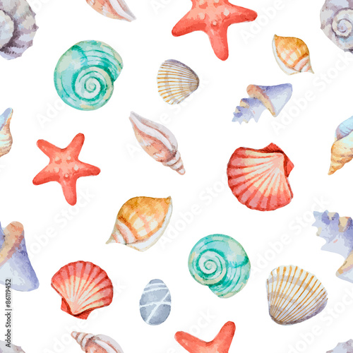 Canvas Print Watercolor seamless pattern with sea shells