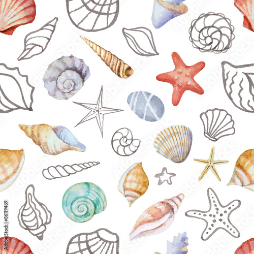 Watercolor seamless pattern with sea shells
