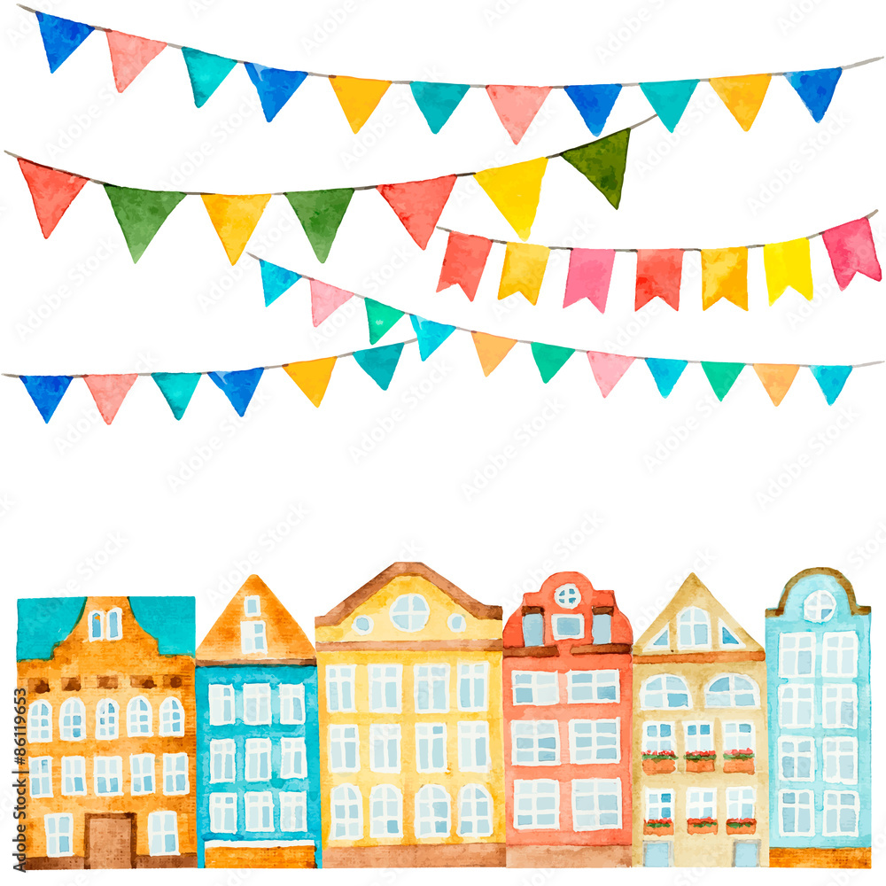 Obraz premium Watercolor of the house and flags