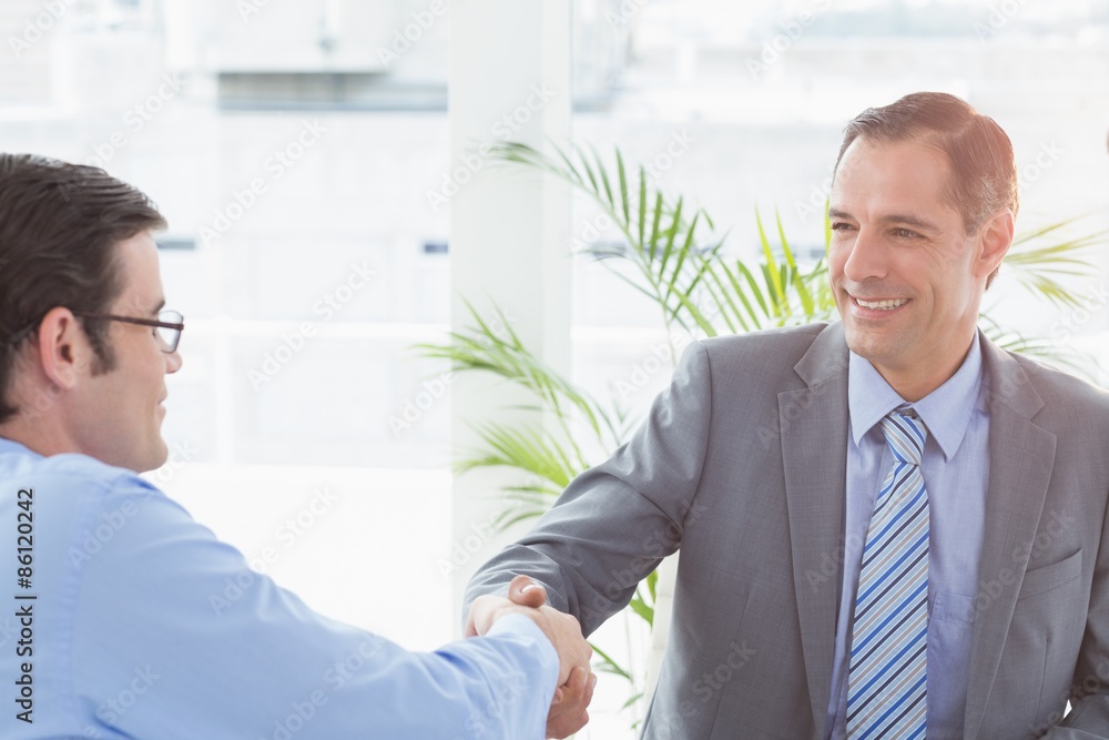 Smiling businessman shaking hands with a co worker Smiling businessman shaking hands with a co worker